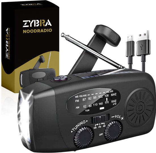Zybra Draagbare Noodradio - Powerbank 2000 mAh - Zaklamp - Solar opwindbaar - SOS alarm - USB-C kabel - Noodpakket - Kunststof - Zwart