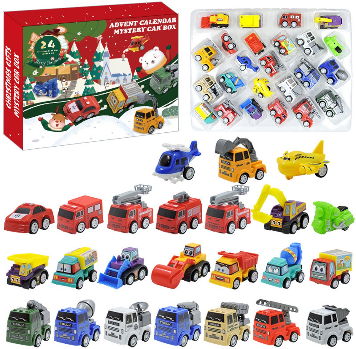 Adventskalender 2025，24-pack Adventskalenders - Aftellen - Technische voertuigen - Feestgunst - Educatief speelgoed - Kerstsokvuller - Met 24 raceauto's - Veilig voor kinderen