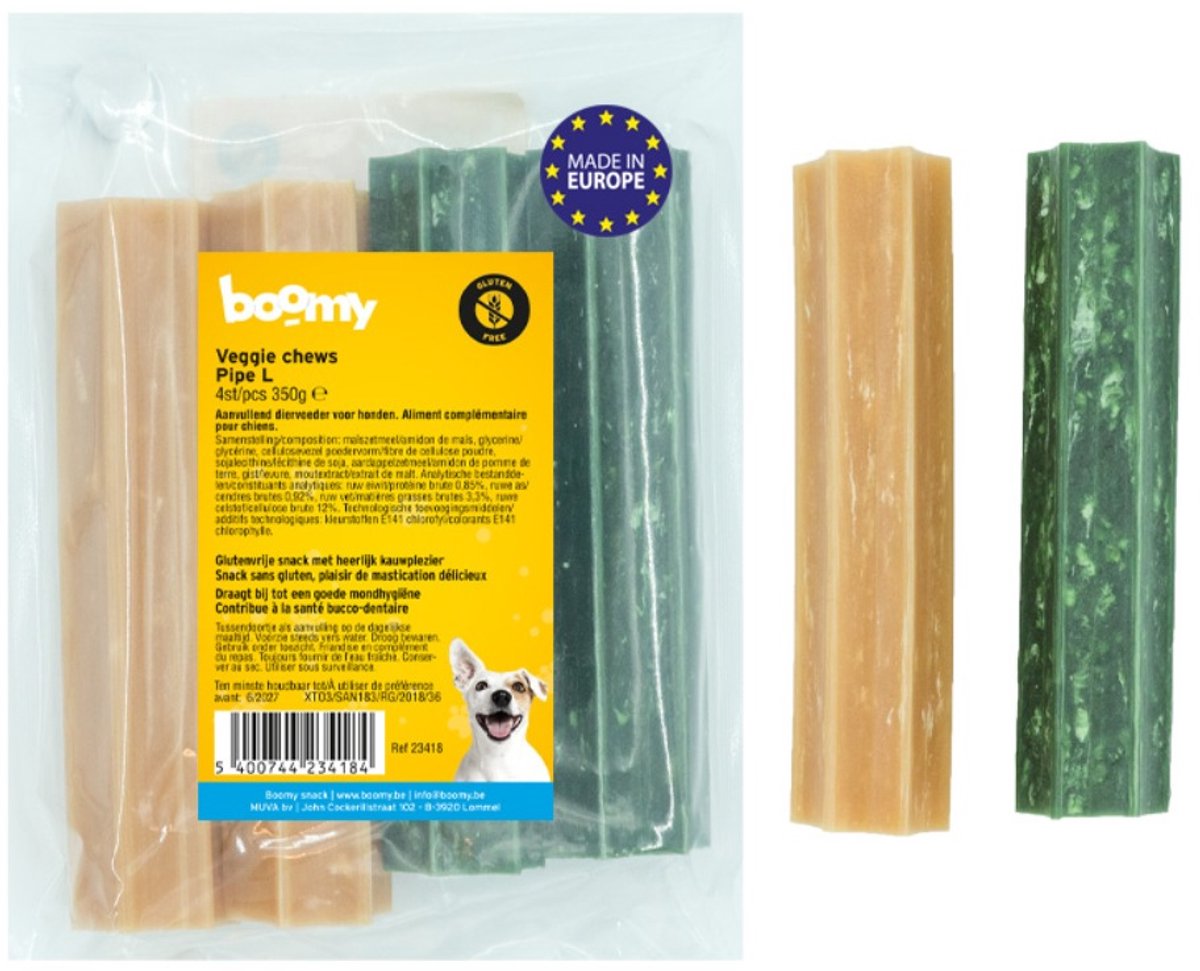 Boomy - Veggie Chews Pipes Large – Vegetarische kauwsticks hond – Tandverzorgende hondensnacks voor kleine en middelgrote honden – 4 stuks (350g)