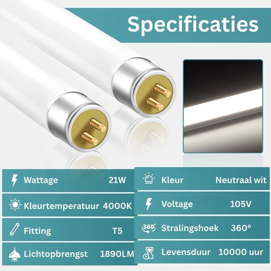Twee tl-buizen met 2 gouden pinnen, 21W, 4000K neutraal wit licht, 1890LM, 360° stralingshoek, 10000 uur levensduur.