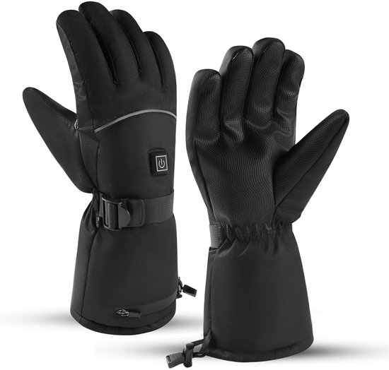 Zwarte, waterafstotende, verwarmde handschoenen met een aan/uit-knop met gloei-icoon op de linkerhandschoen. Verstelbare polsband met gesp en trekkoord aan de onderkant.