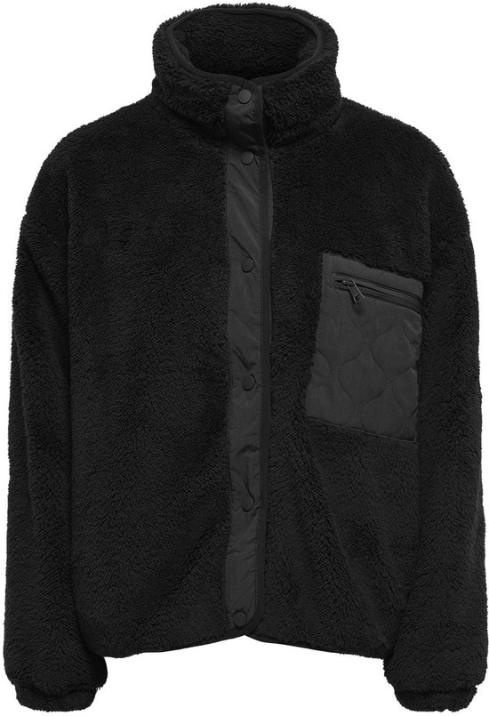 Zwarte, pluizige fleece jas met knoopsluiting, hoge kraag en een gewatteerd borstzakje met rits, van ONLY.