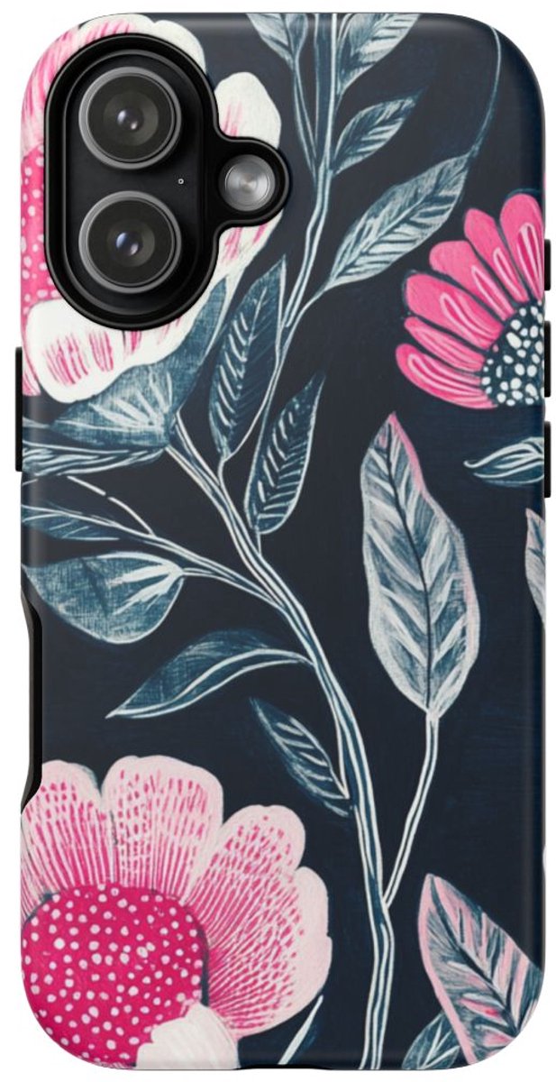 Felroze Bloemenpatroon op Donkerblauw – Telefoonhoesje Geschikt voor iPhone 17