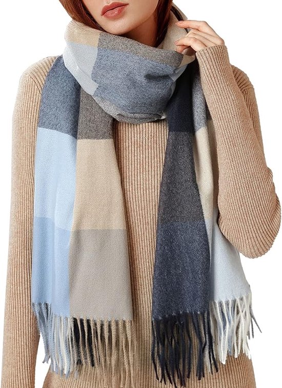 Gebreide Winter Sjaal 70x180 cm - Schots Ruitpatroon in Blauw - Lange Zachte Dames Sjaal als Stola en Omslagdoek