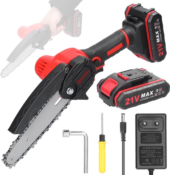 21V Draadloze Mini Kettingzaag – 6 Inch – Lichtgewicht – 2 Accu's – Veiligheidsslot – Tuinonderhoud
