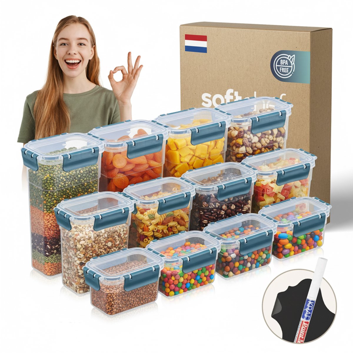 Soft Chef Slim Clara Box Deep – 12-delige Voedselbewaarset – BPA-vrij – Luchtdicht – 3 Maten (580 ml / 1100 ml / 1580 ml) – Inclusief Labels & Stift