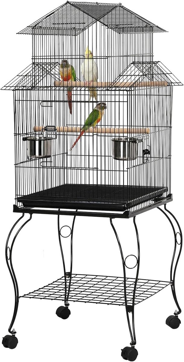Papa Simba Vogelkooi, kooi, vogelvolière, volière met standaard voor grote parkieten en papegaaien, ca. 59 x 59 x 139,5 cm HMTM-BC-10011-Black