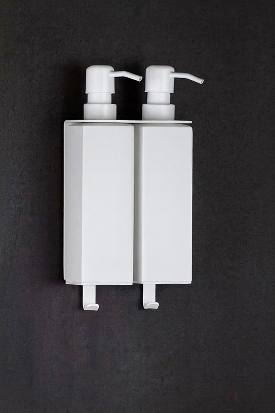 Dubbele witte zeepdispenser met haken.