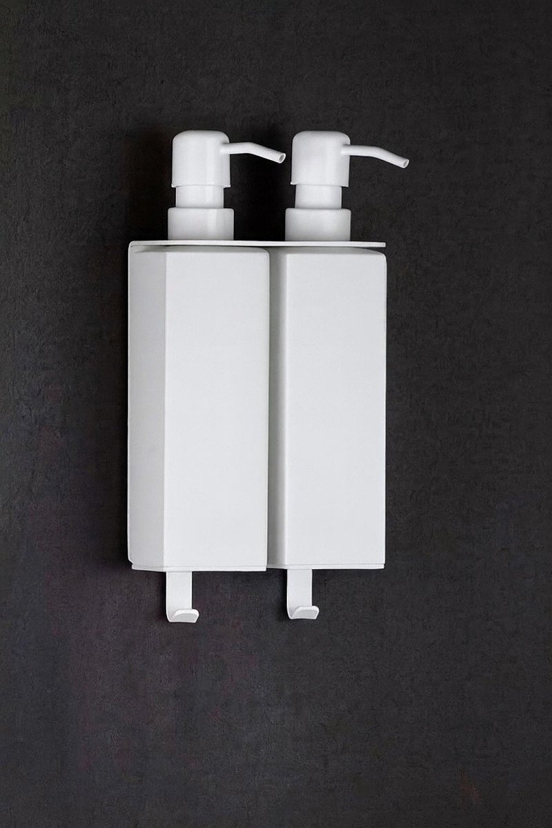 By Bresi - zeepdispenser 2 - Mat wit - Brushed RVS - Hangend - Zeepdispenser Wandmontage - Zeepdispensers - Zeeppompje - Shampoo dispenser - Wandmontage met handdoekhaakje