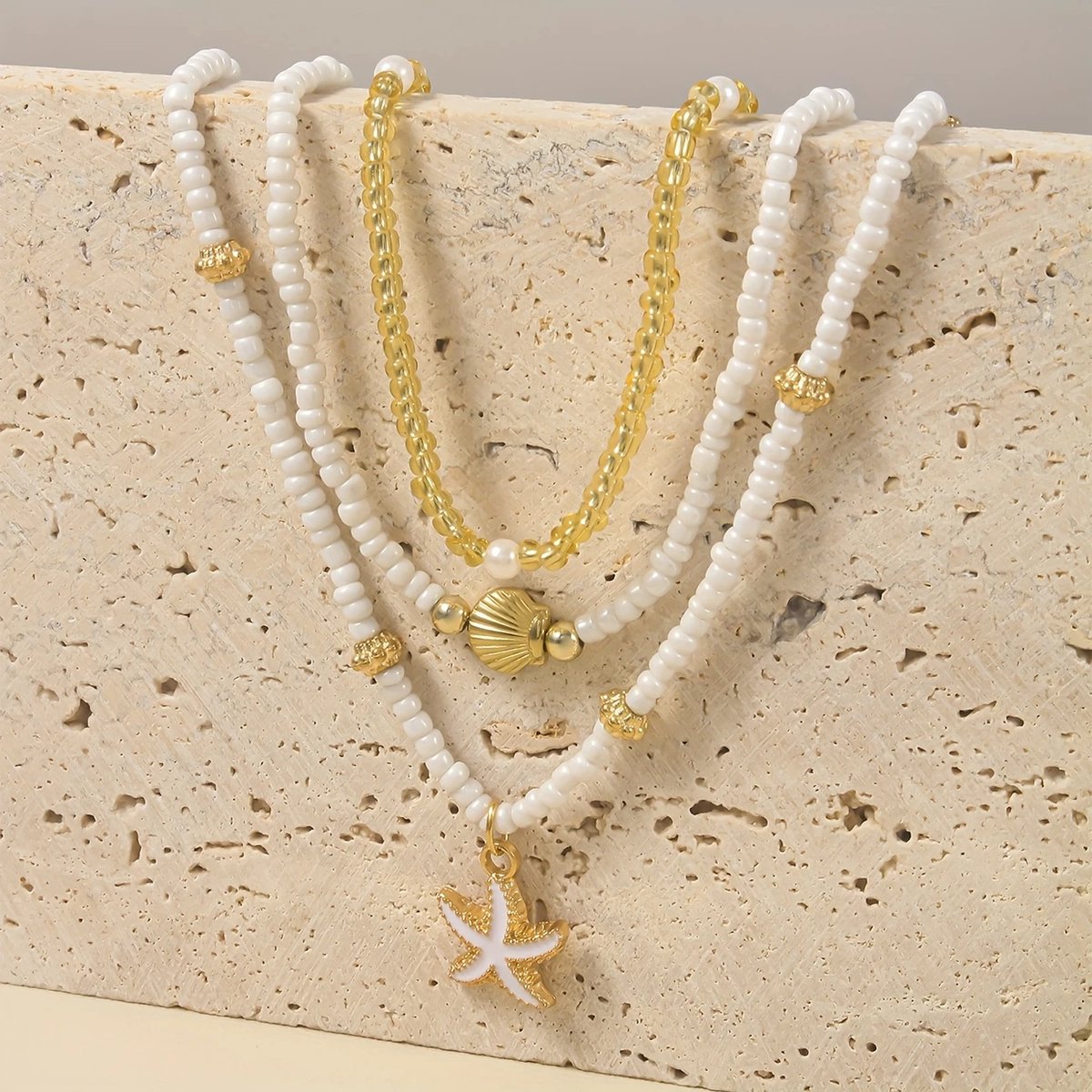 3-delige Dames Ketting Set - Schelp, Ster & Parel Hangers - Kralen Ketting Goudkleurig Dames - Zomer Sieraden Strandlook - Perfect voor Vakantie, Festival, School & Boho Outfit — afbeelding 3