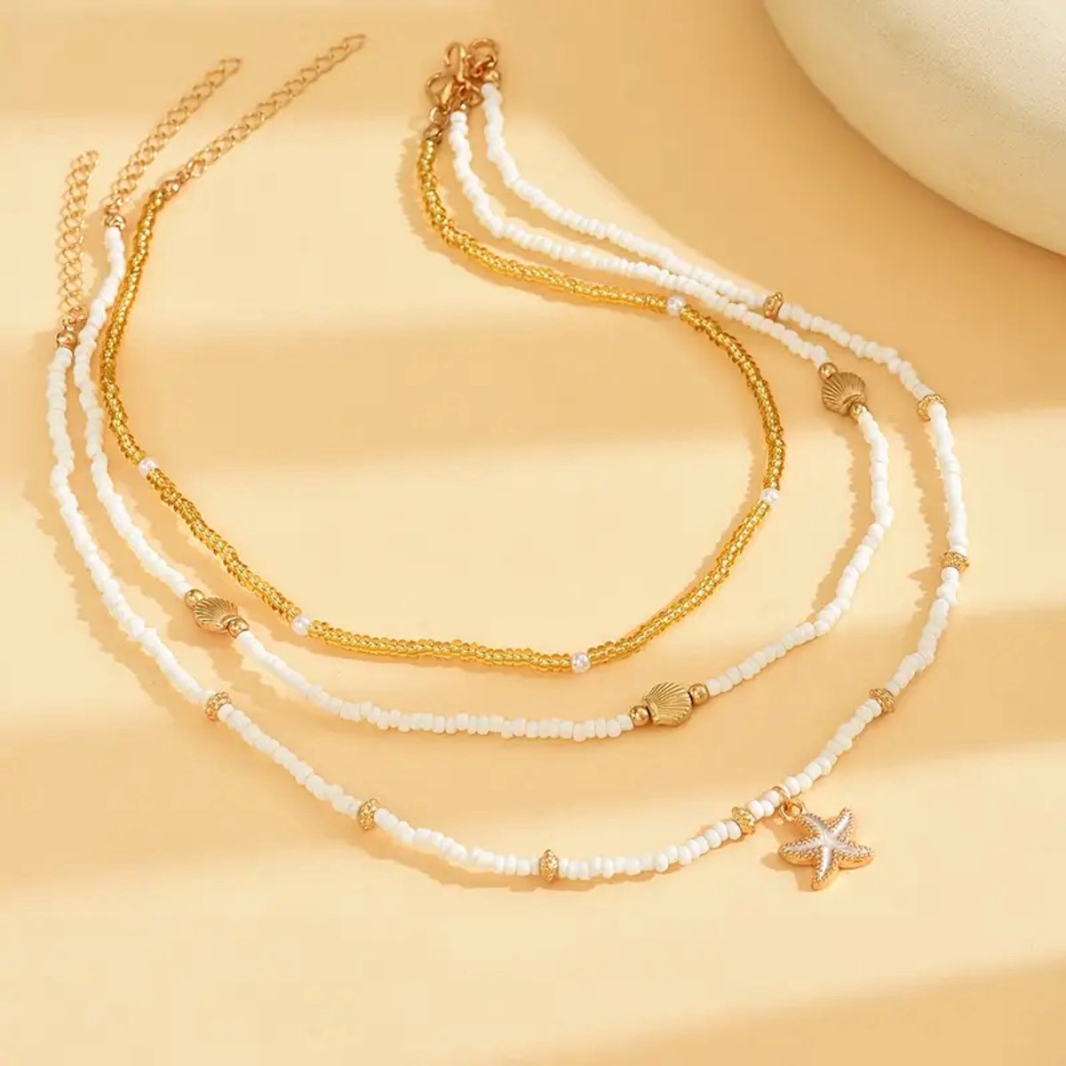 3-delige Dames Ketting Set - Schelp, Ster & Parel Hangers - Kralen Ketting Goudkleurig Dames - Zomer Sieraden Strandlook - Perfect voor Vakantie, Festival, School & Boho Outfit — afbeelding 8