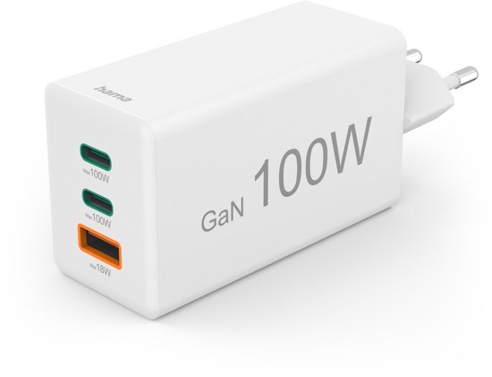 Hama 100W GaN Snellader - 2x USB-C PD, 1x USB-A QC - mini - Wit