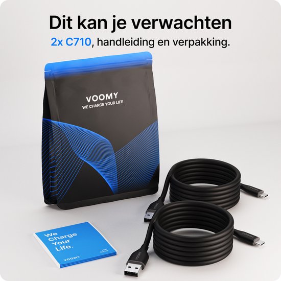 Verpakking met twee Voomy C710 kabels, handleiding en verpakking.