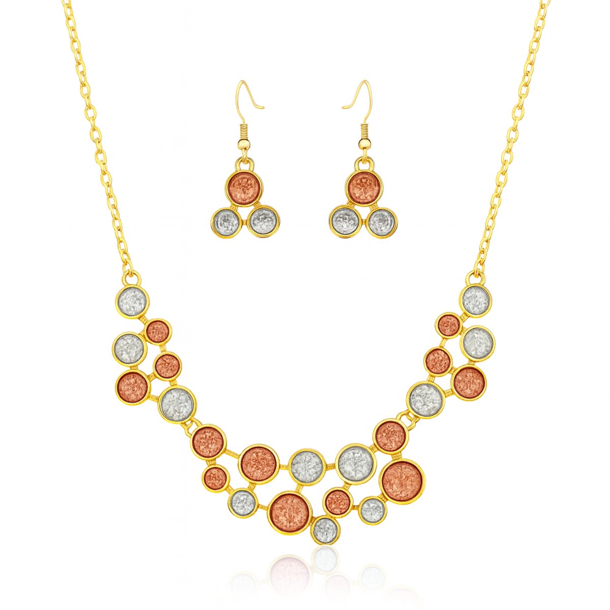 Rood Blauw Gouden Ronde Netstructuur Ketting en Oorbellen Set – Milieuvriendelijke Legering