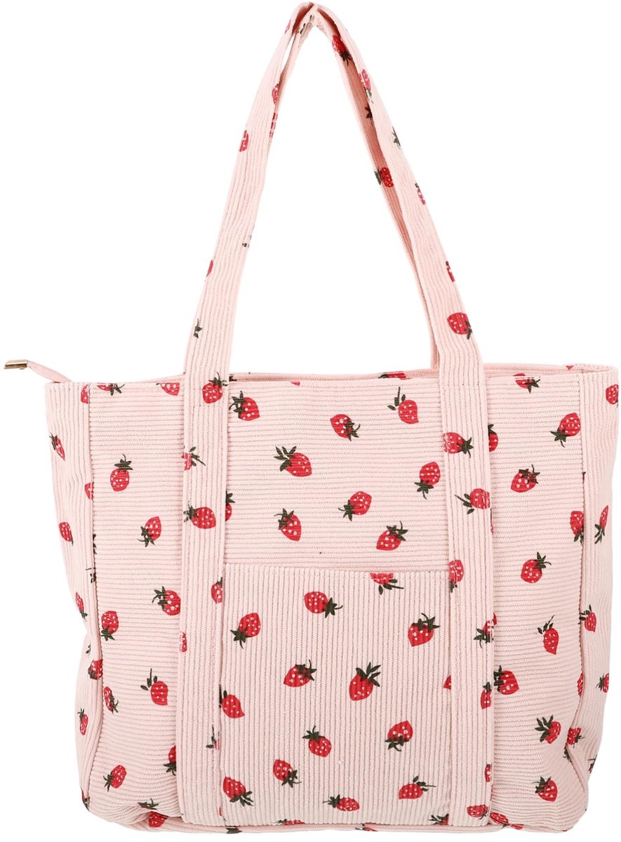 Aardbeien boodschappentas Leuke aardbeien handtas schoudertas voor vrouwen Esthetische boodschappentas, roze, 32.00X30.50X7.00CM