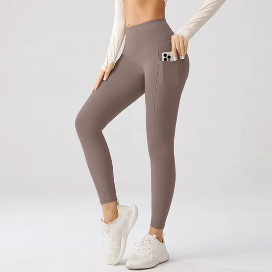 Sportlegging met zakje dames - Sportkleding dames - Sportbroek dames - High waist Sportlegging - Shape legging - Hardloopbroek dames - yoga legging dames - Bruin Maat M - Gym Revolution