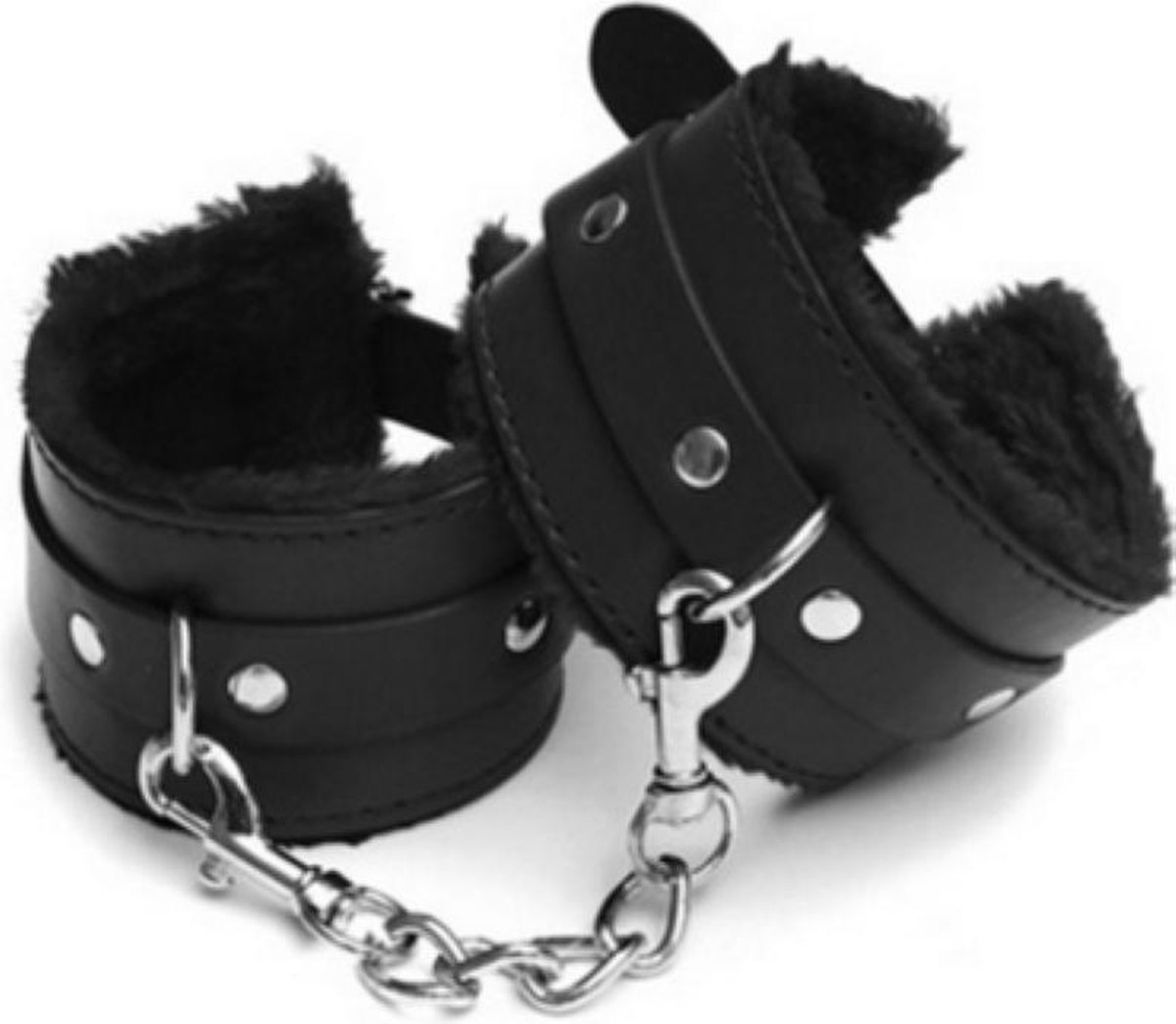 Goedkoopste Zachte, verstelbare polsmanchetten / handboeien met pluche aan de binnenkant en PU-leer aan de buitenkant. Met ketting. Geweldig voor wat extra plezier in de slaapkamer, bondage en SM. Zwart.