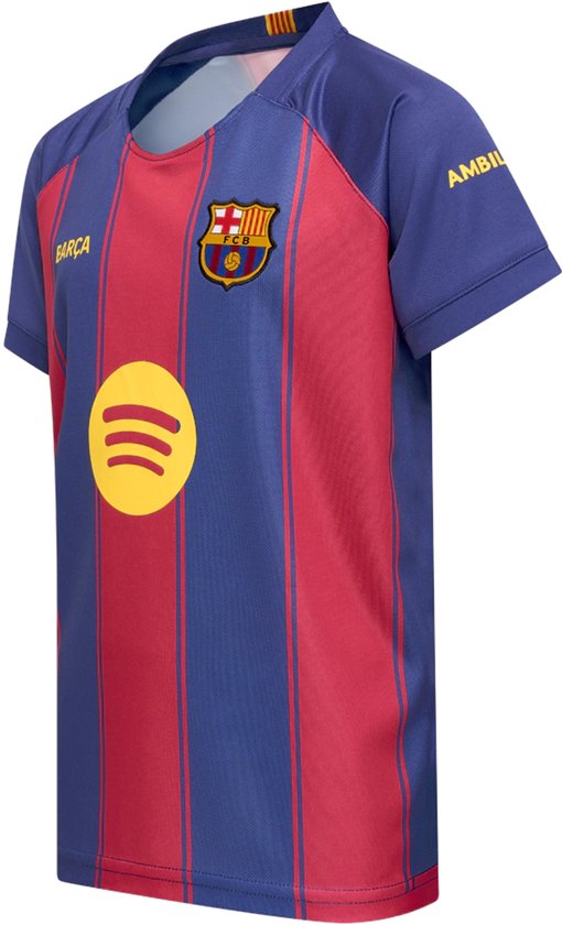 Barcelona voetbalshirt met rode en blauwe verticale strepen, FCB-logo, "Barça" op de borst en "AMBILIGHT" op de mouw.