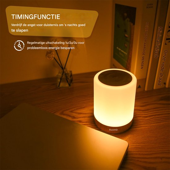 QTTVBTNA -LED Nachtlamp met Touch Dimming - 7 Kleuren & 3 Kleurovergangen - USB Opladen & Draadloos Oplaadstation - Houtnerf Design - Sfeerlamp voor Slaapkamer, Woonkamer, Nachtkastje of Camping van QTTO — afbeelding 4