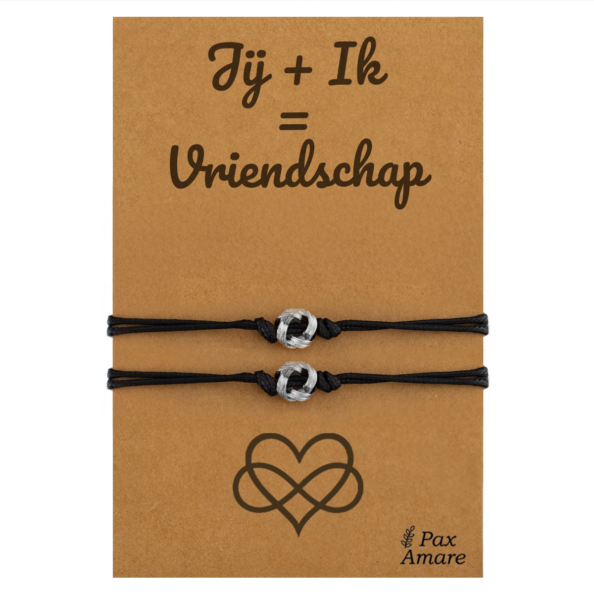 Vriendschapsarmbandjes voor 2 "Jij + Ik = Vriendschap" - Knoopjes - BFF Armbandjes met Persoonlijk Cadeau Kaartje - Zilverkleurig - Elastisch Verstelbaar - Pax Amare