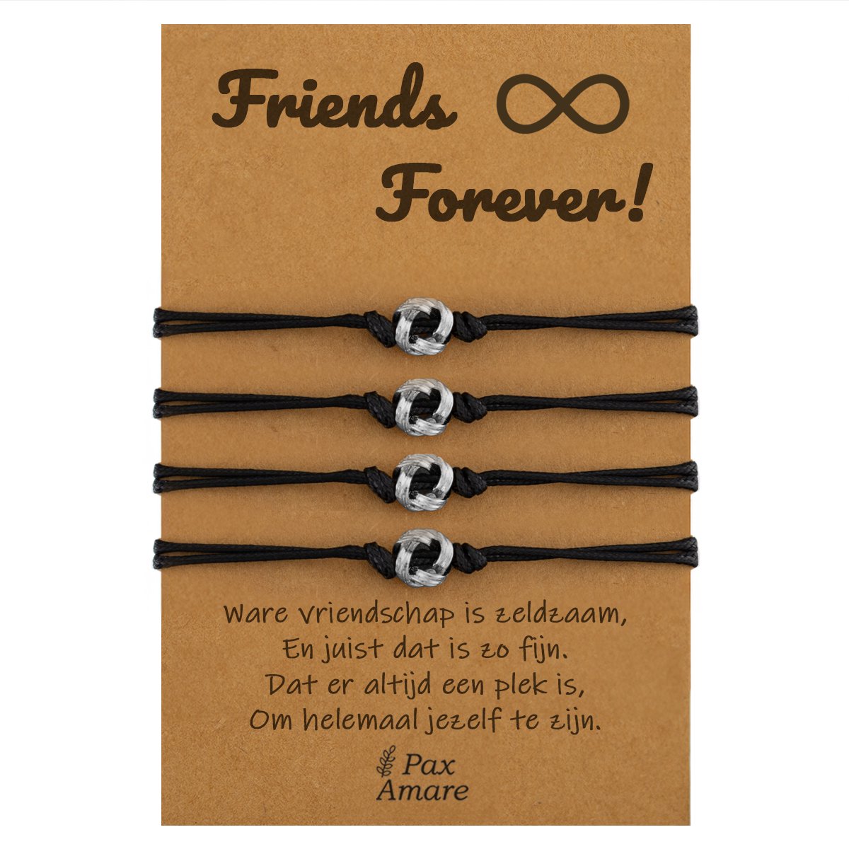 Vriendschapsarmbandjes voor 4 " Friends Forever ∞" - Knoopjes - BFF Armbandjes met Persoonlijk Cadeau Kaartje - Zilverkleurig - Elastisch Verstelbaar - Pax Amare