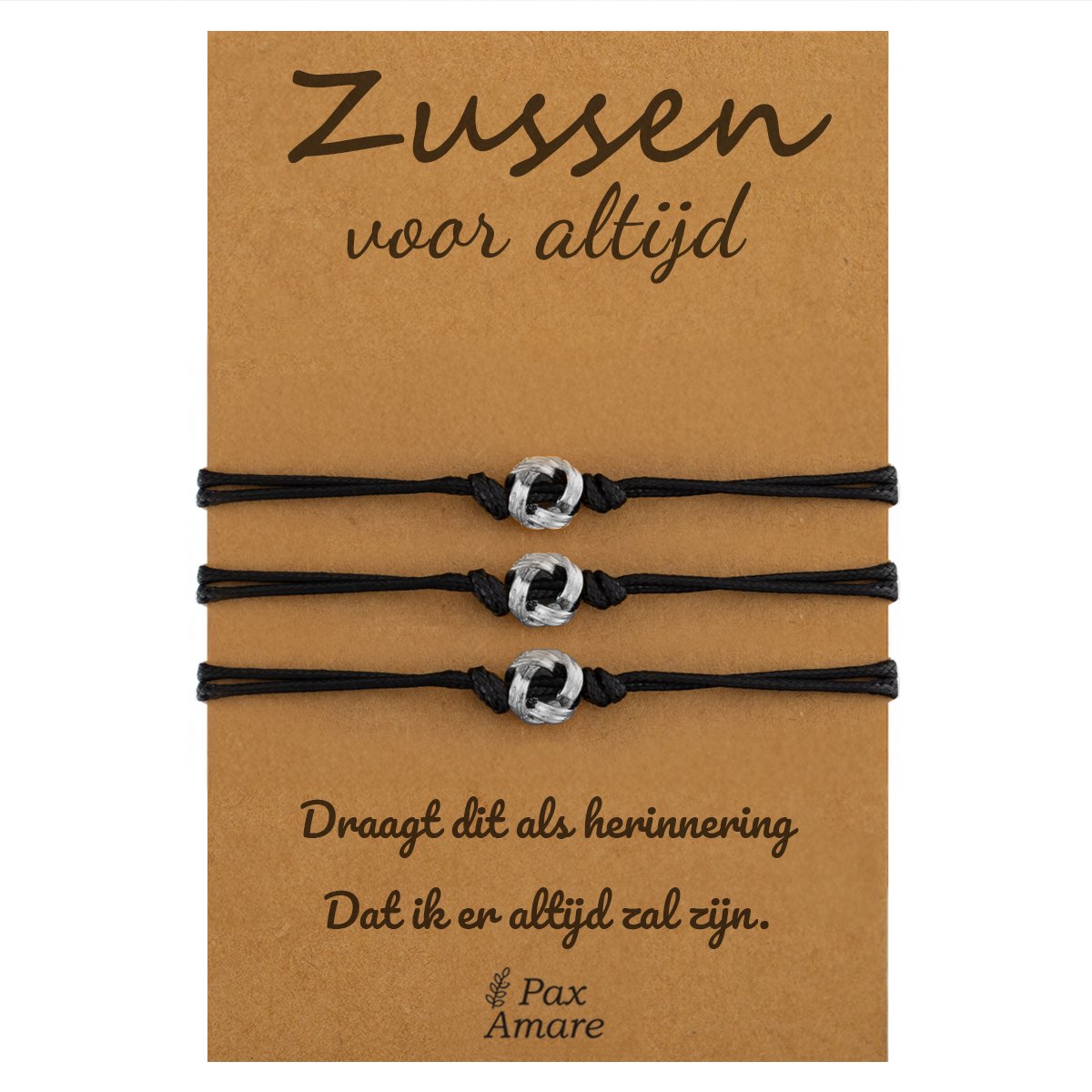 Vriendschapsarmbandjes voor 3 "Zussen voor altijd" - Knoopjes - Sisters Armbandjes met Cadeau Kaartje - Zilverkleurig - Elastisch Verstelbaar - Pax Amare