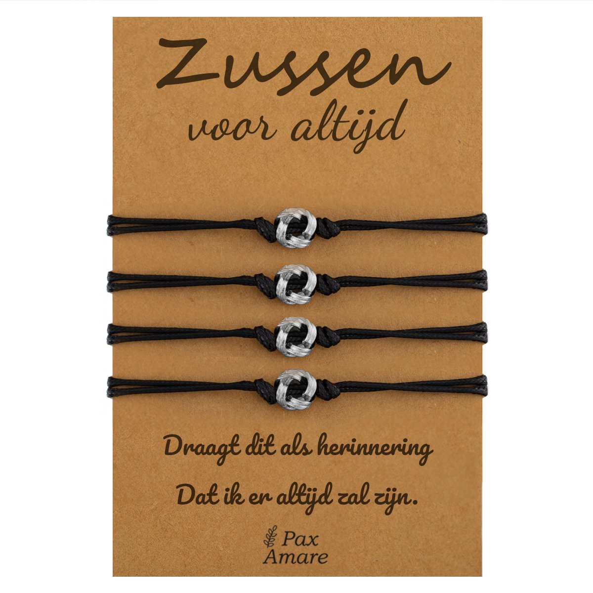 Vriendschapsarmbandjes voor 4 "Zussen voor altijd" - Knoopjes - Sisters Armbandjes met Cadeau Kaartje - Zilverkleurig - Elastisch Verstelbaar - Pax Amare