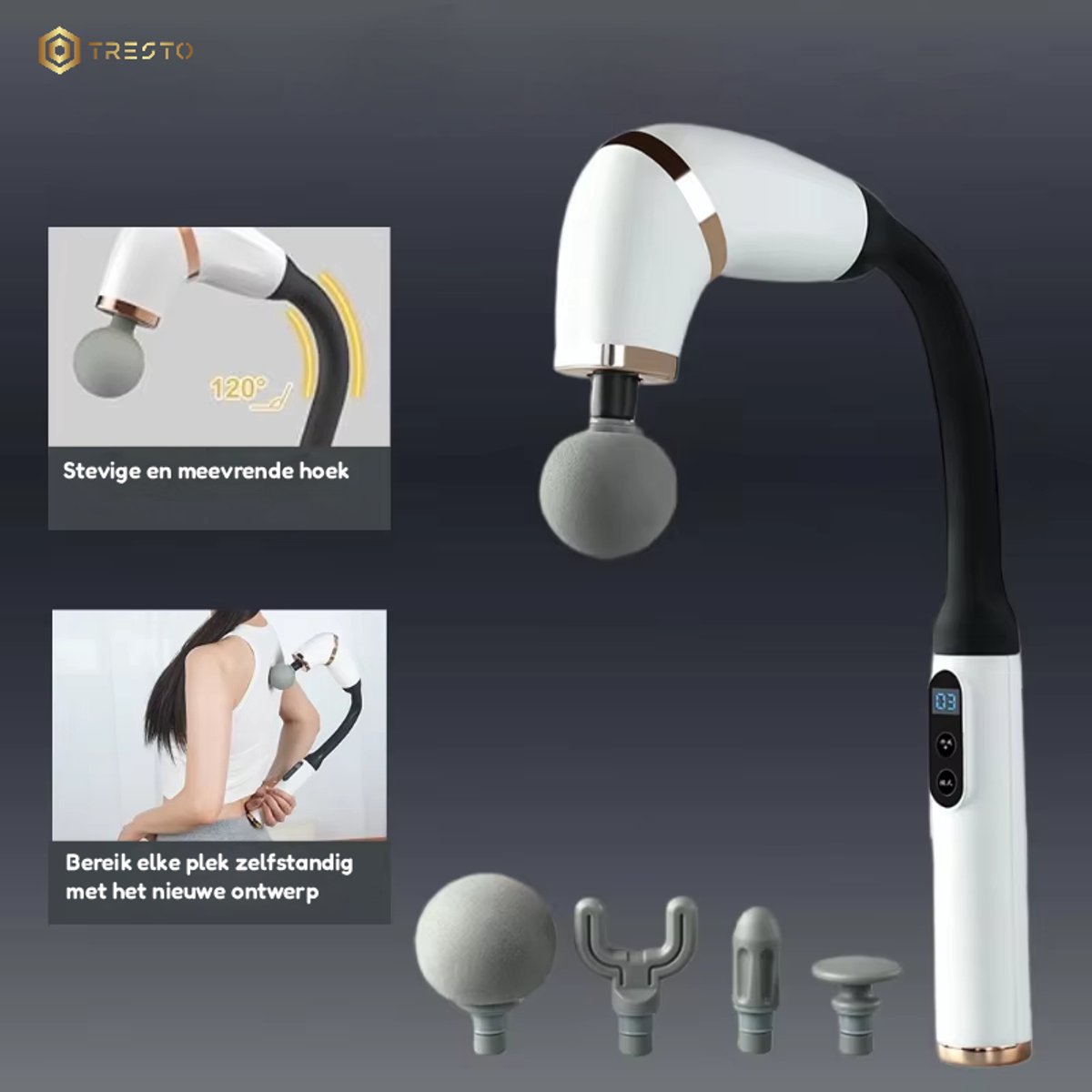 Afbeelding 3 van TRESTO - Professionele Massage Gun - U-vormig Massagegun met Verlengde Greep - Bereik Rug, Nek, Schouders & Benen moeiteloos – Stil en Krachtig