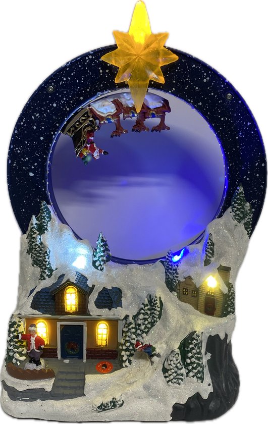 Kersthuisjebestellen - Kerstdorpje met Ronddraaiende Kerstman in Slee - Kersthuisjes met Verlichting - Ledverlichting - USB kabel - H=28cm - Kersthuisjes & Kerstdorpen