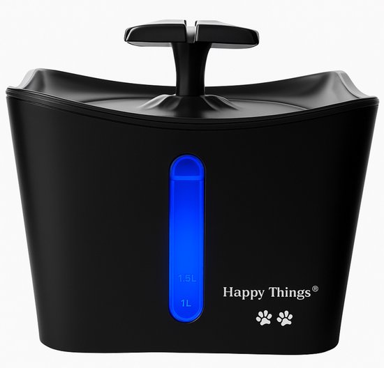 Happy Things Drinkfontein Kat en Hond XL - 3 L - Stilste Pomp - Kattenfontein – Waterfontein Kat – Geruisloos – Zwart met Zilver