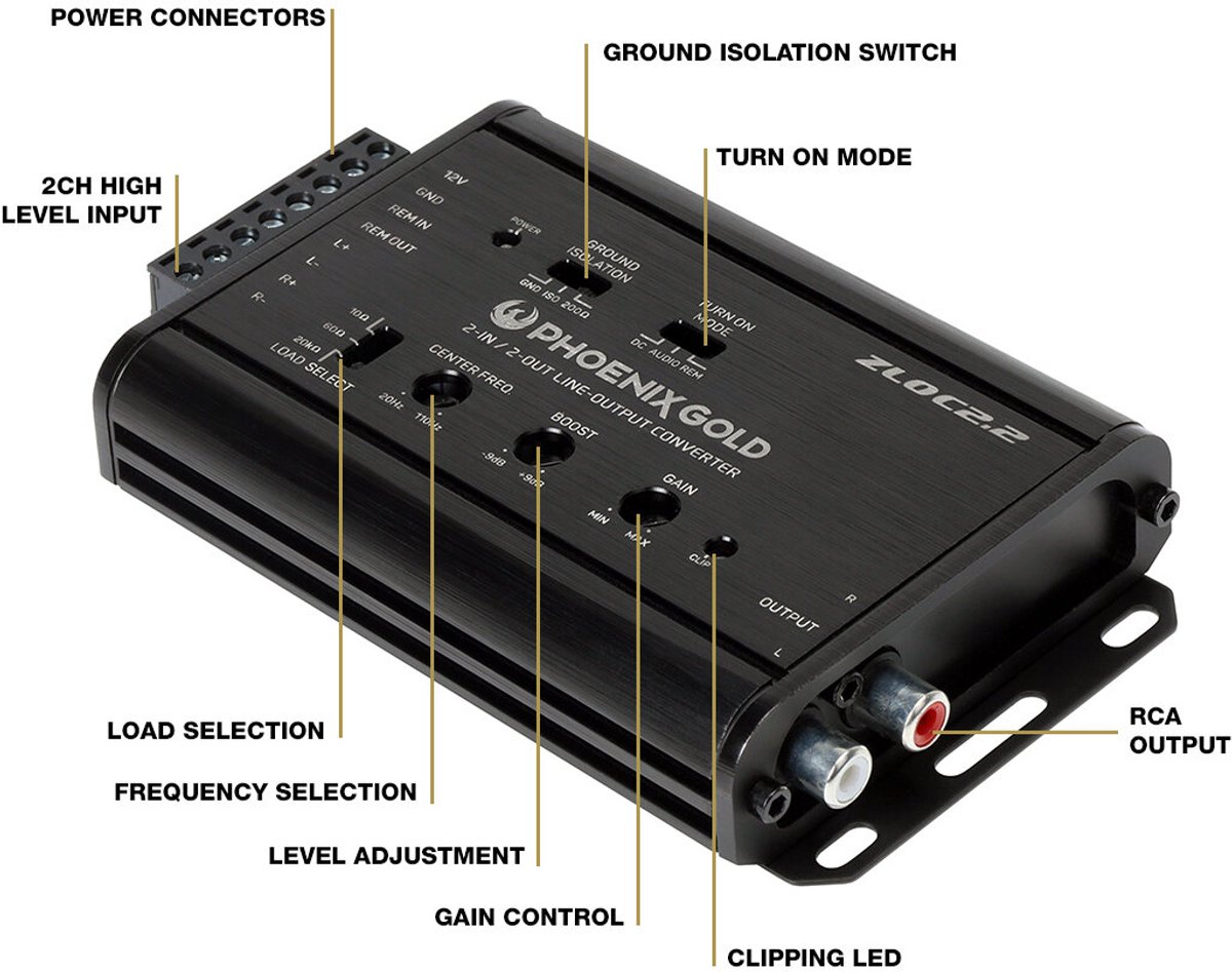 Phoenix Gold ZLOC2.2 high end Hi-Lo converter 2 kanaals met Bass Cube / HQ PRO Line Driver voor auto versteker