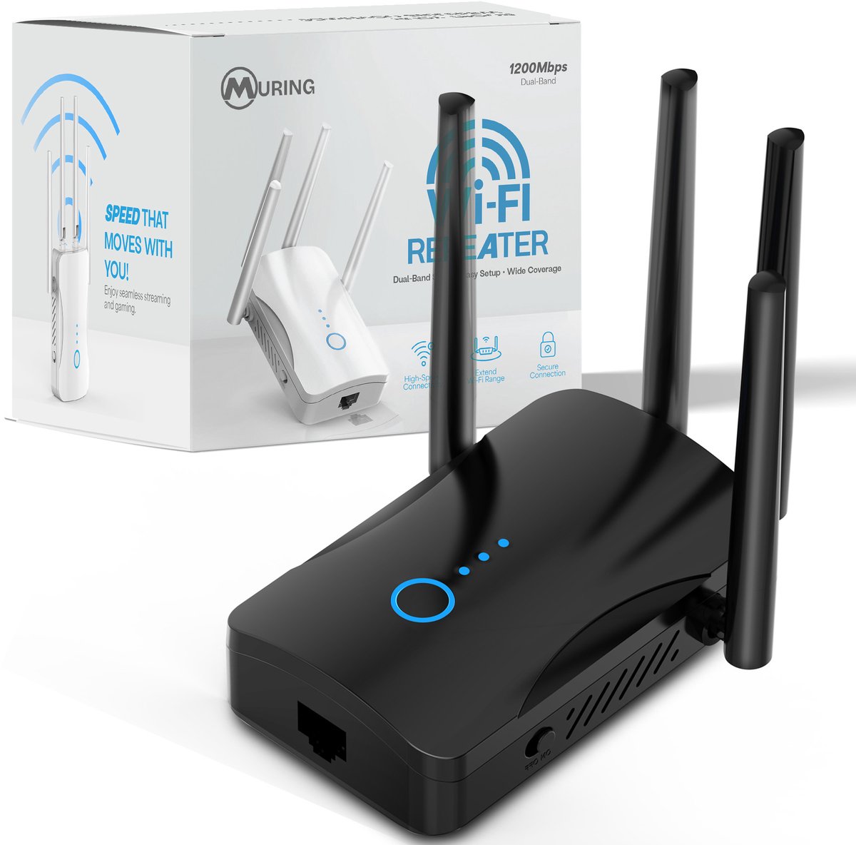 Muring WiFi Versterker met stopcontact - Dual Band 2.4 GHz & 5 GHz – 1200 Mbps - WiFi 5 - WiFi Repeater - WiFi Booster - WiFi Extender - Zwart - Muring - €26,99
