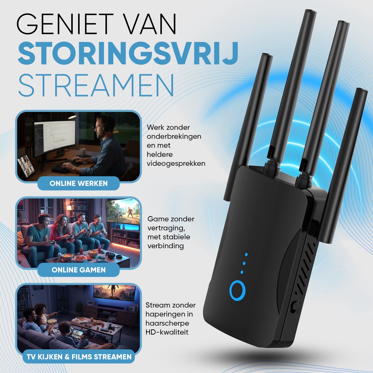 Afbeelding 2 van Muring WiFi Versterker met stopcontact - Dual Band 2.4 GHz & 5 GHz – 1200 Mbps - WiFi 5 - WiFi Repeater - WiFi Booster - WiFi Extender - Zwart