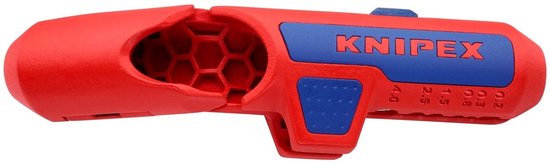 Rood en blauw Knipex universeel ontmantelingsgereedschap met afmetingen.