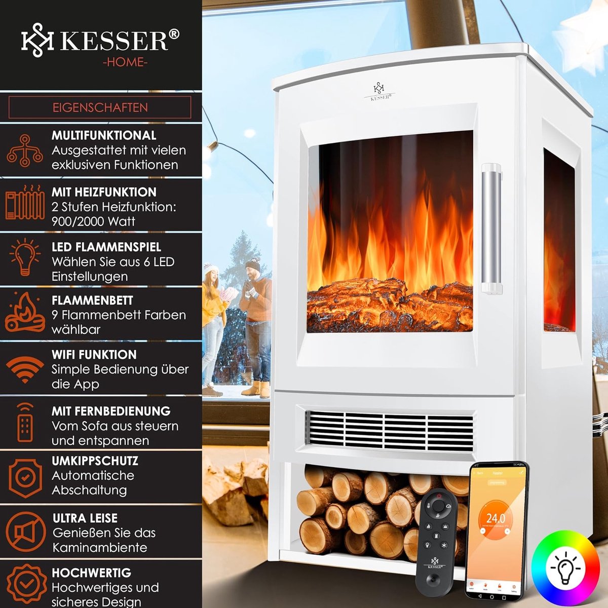 Elektrische open haard Ganeey® Deluxe Smart Fireplace met verwarming 900/1800W – 3D LED-vlameffect, thermostaat, wifi-app & afstandsbediening, klassiek design met opbergruimte, stil & veilig haardvuur – wit, vloermontage