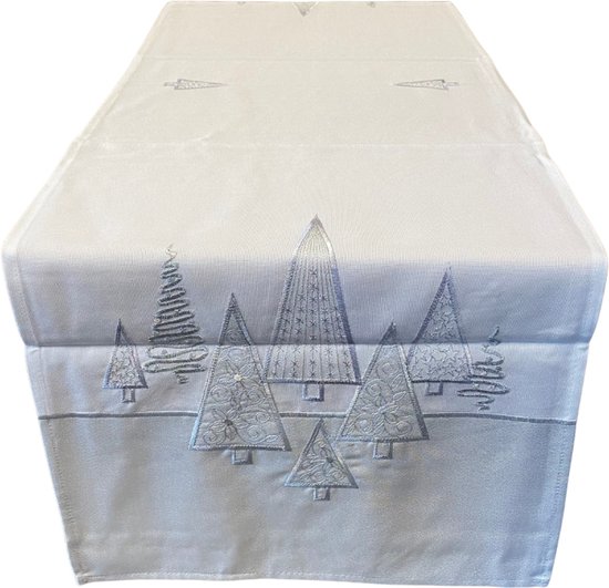 Tafelloper - Linnenlook - Wit - Moderne strakke Kerstbomen in wit en zilver kleur - 40 x 90 cm