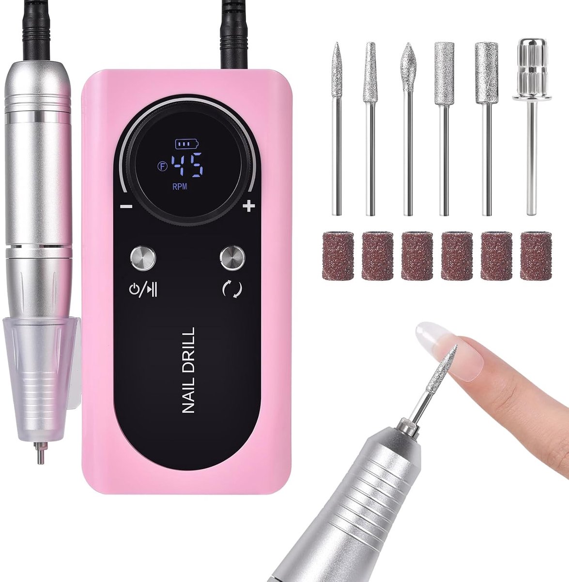 Professionele Nagelvijl - Elektrische Nagelboormachine - 45000 RPM Snelheid - LCD Display - 45 Snelheidsstanden - Oplaadbaar - Universeel - Roze - Wit