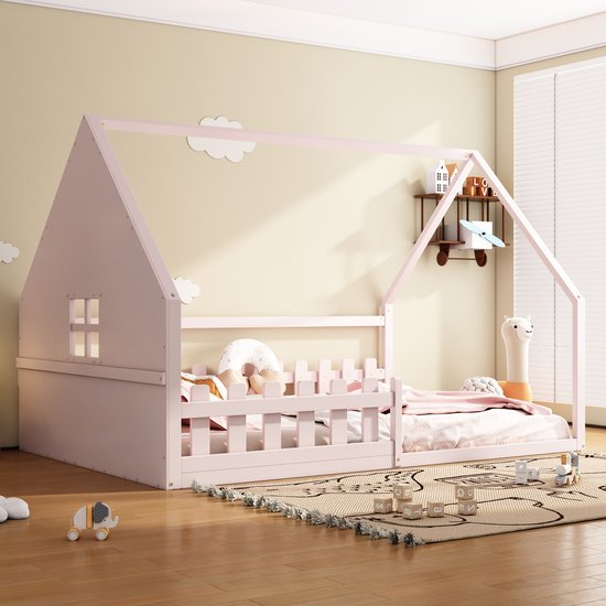 Lit plat - 140x200 cm - lit double - lit enfant - tête de lit - barrière de sécurité - rose - sans matelas