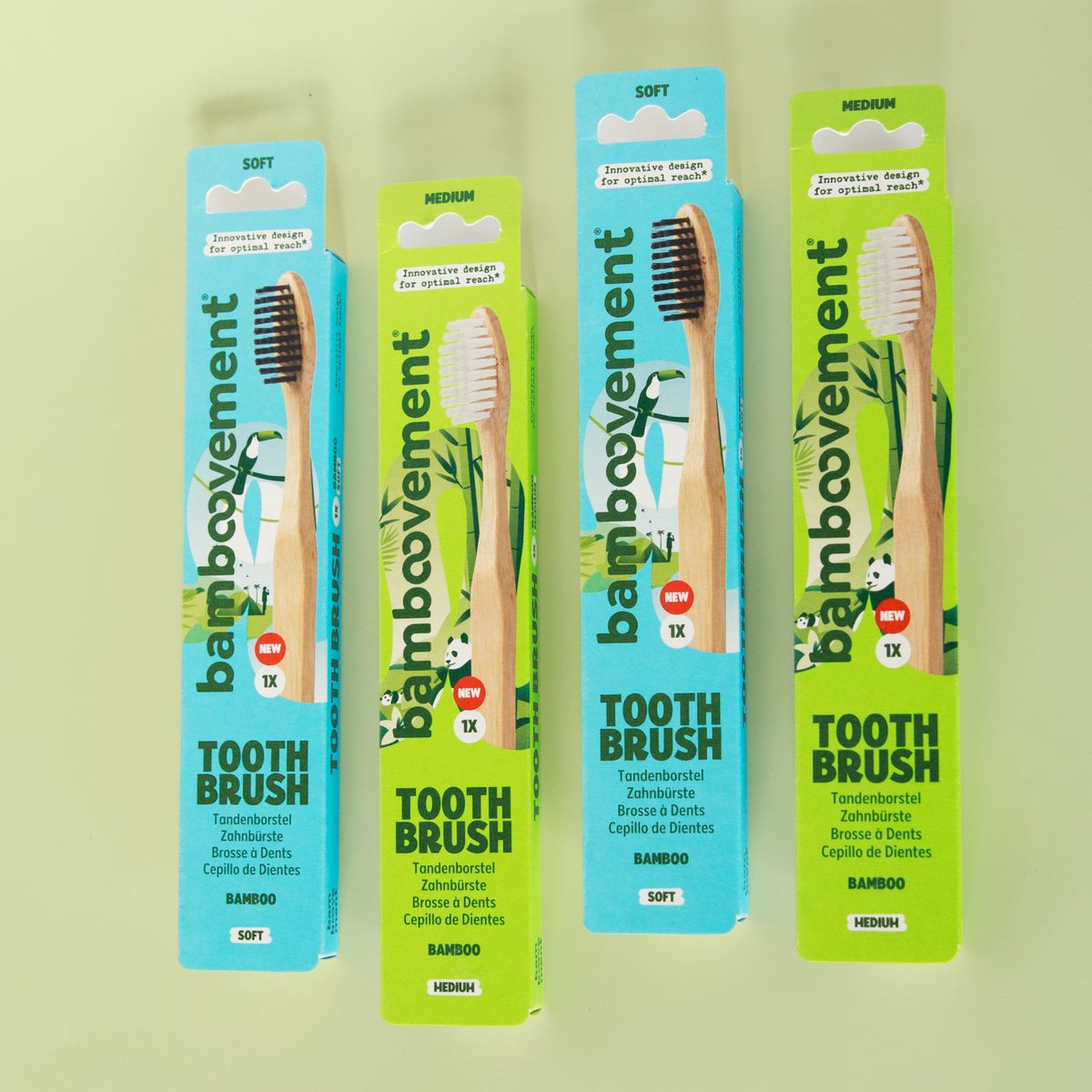 Bamboovement Bamboe Tandenborstel Set - 4 Stuks (2x Soft & 2x Medium) - Diamond Design - 100% Plasticvrij