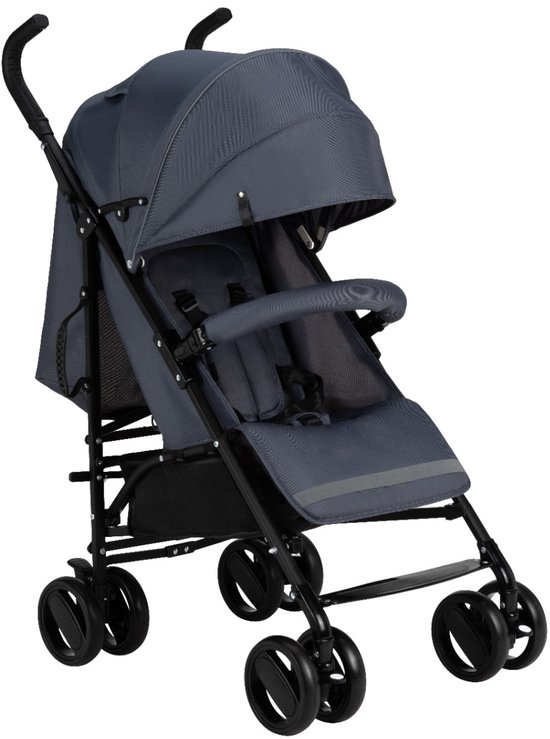 Grijze MoMi Akira buggy met kap en veiligheidstuigje.
