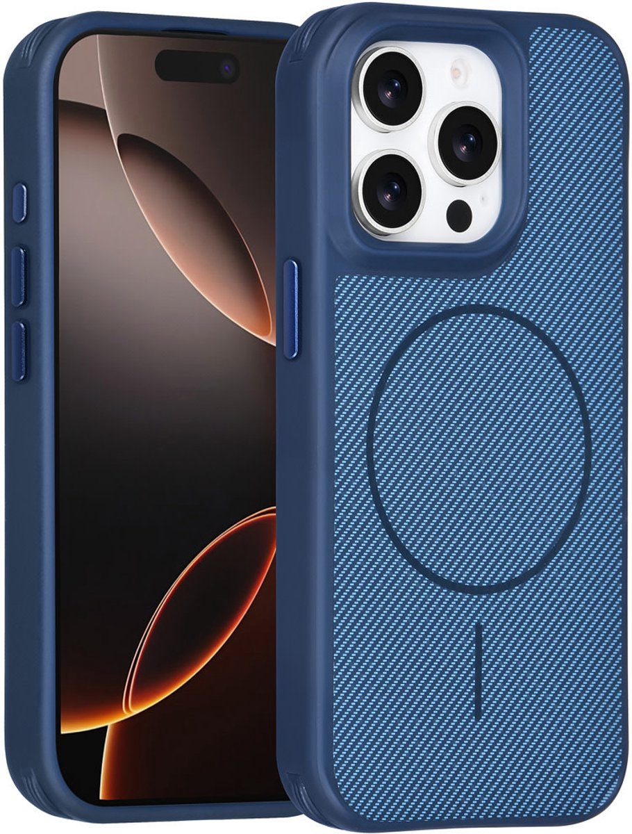TUNIQ Back cover voor iPhone 15 Pro - MagSafe - Carbon Fiber - Antishock - Blauw