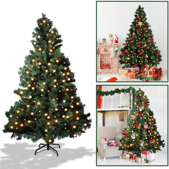 Een volle groene kunstkerstboom van 120cm met warm witte LED-lampjes. Twee sfeervolle interieurfoto's tonen de boom versierd.