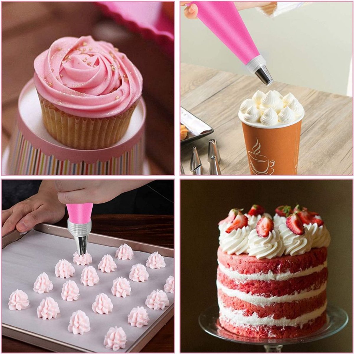 JeiibrZui Siliconen Spuitzak - Roestvrijstalen Spuitmondjes - Herbruikbaar & Gemakkelijk Schoon Te Maken - 2 Stuks - Voor Taarten, Cupcakes + Zwart