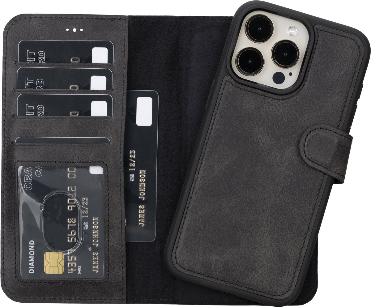 Lykke iPhone 15 Pro Max Hoesje – Echt Leren Wallet Case met MagSafe – Uitneembare Backcover – Zwart