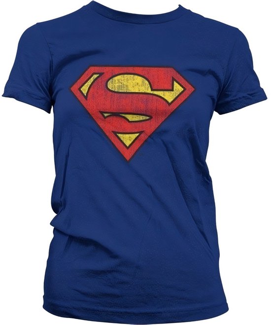 T-shirt pour fille bleu marine avec logo Superman usé sur le devant.