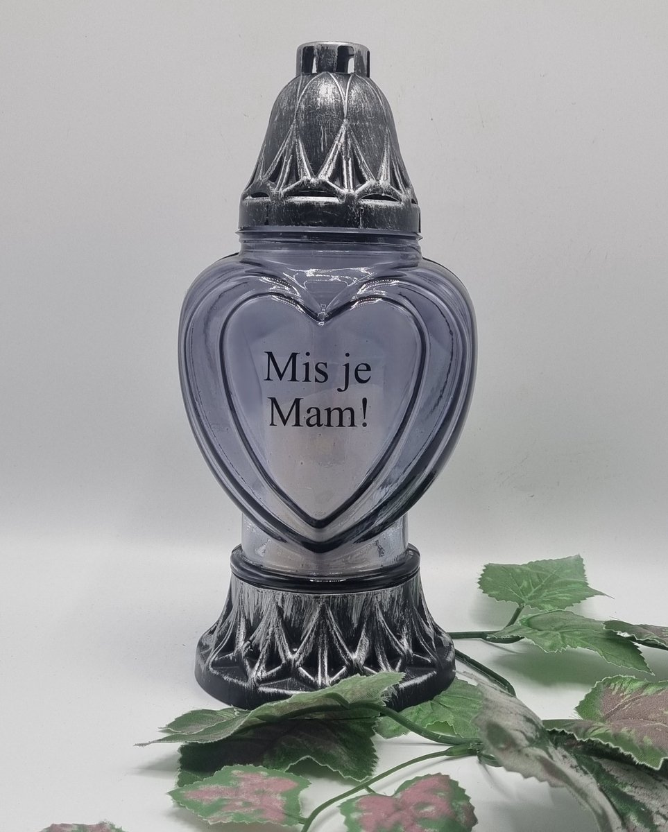 Herdenkingslicht - P39 - Zilver - Grijs glas - Mis je mam! - Grafkaars – Graflicht – Graflantaarn