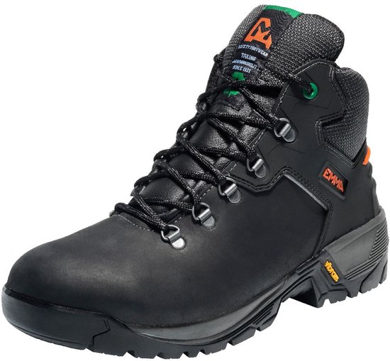 Zwarte leren EMMA veiligheidsschoen met oranje 'EMMA' logo, groene accenten en 'Vibram' zool.