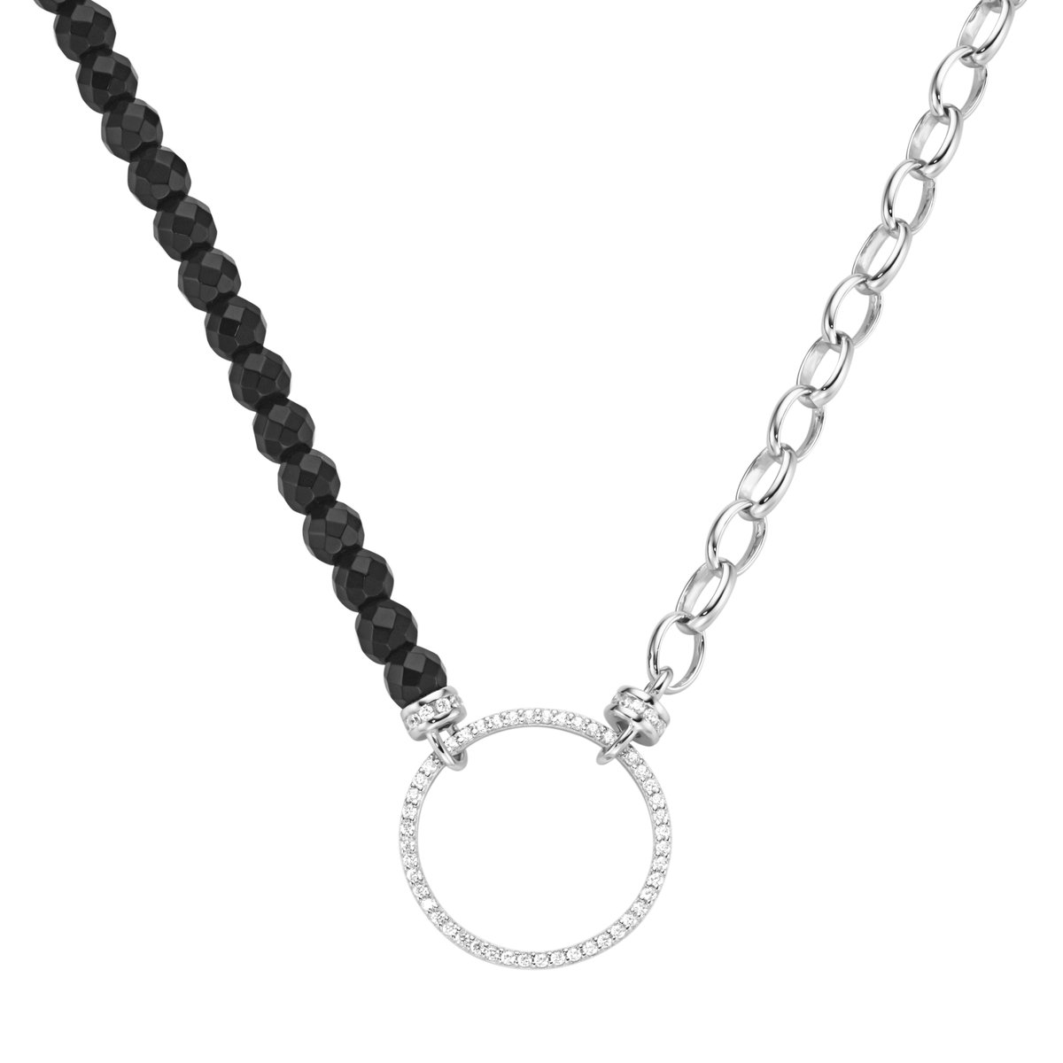 Giorgio Martello ketting / collier 45 cm zwarte agaat bollen en zirkonia wit 925/- Sterling zilver