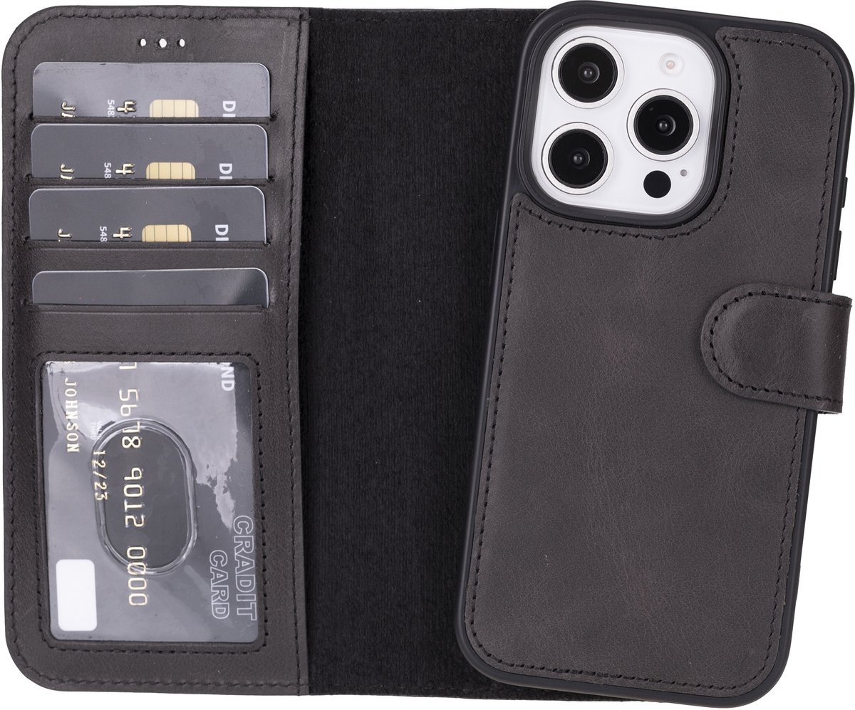 Lykke Leren Hoesje met Pasjeshouder voor iPhone 16 Pro– Handgemaakt Echt Leer – MagSafe Hoesje – Zwart