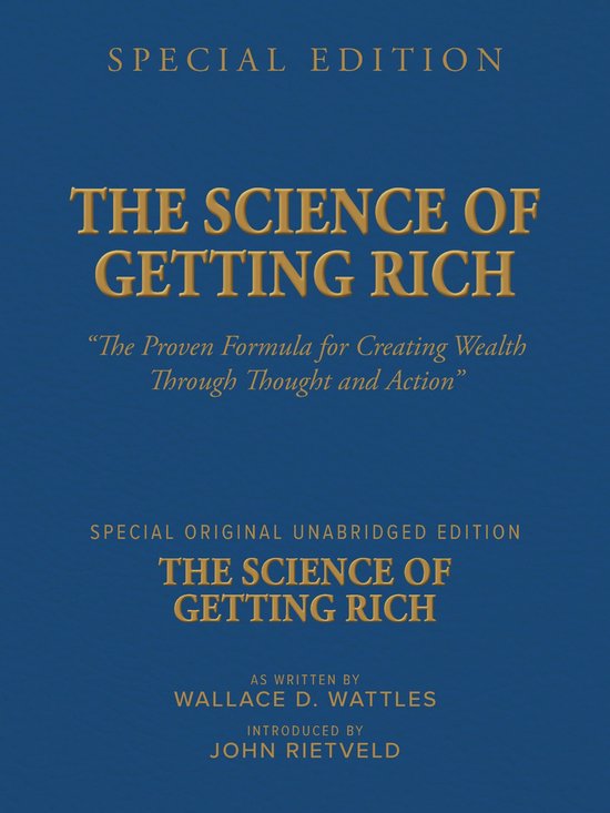 De voorkant van het boek 'The Science of Getting Rich' in een speciale uitgave met gouden letters op een blauwe achtergrond.